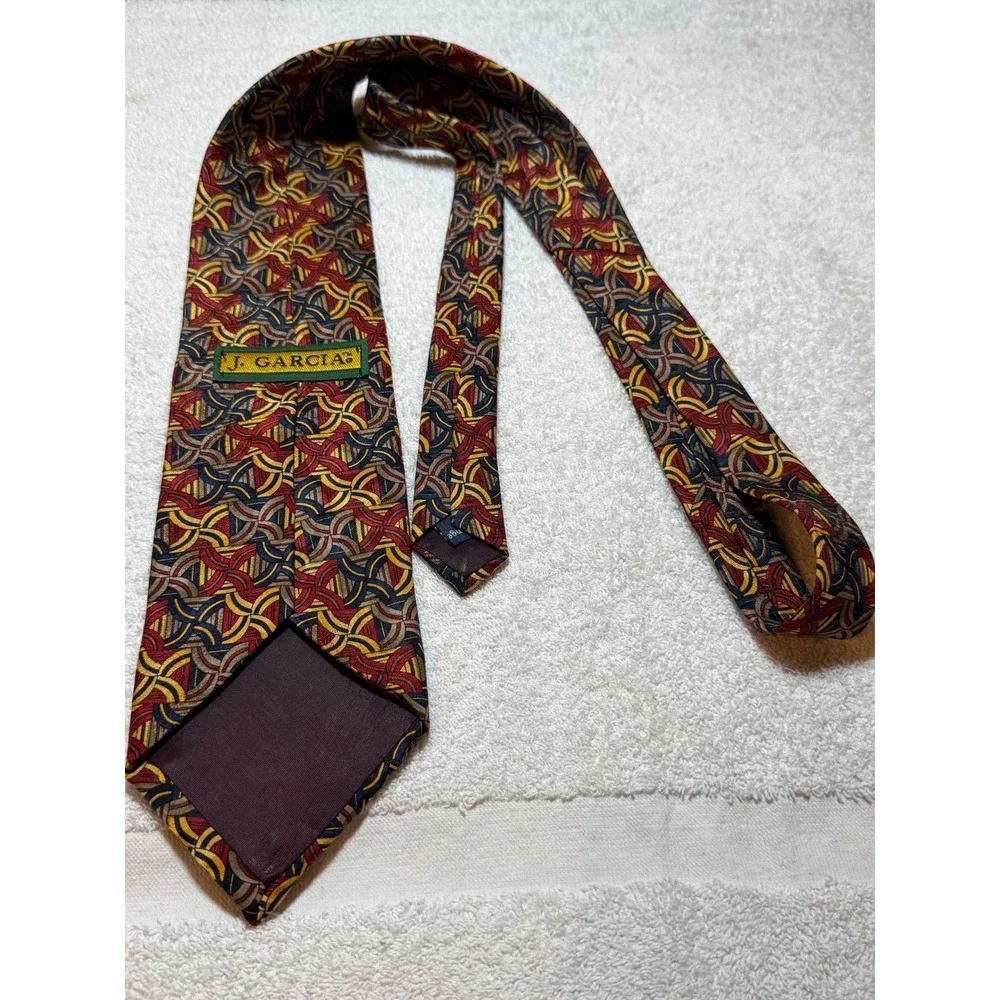 J. Garcia Silk Tie Stonehenge Ltd Red Blue Yellow Geometric Hand Sewn USA 4